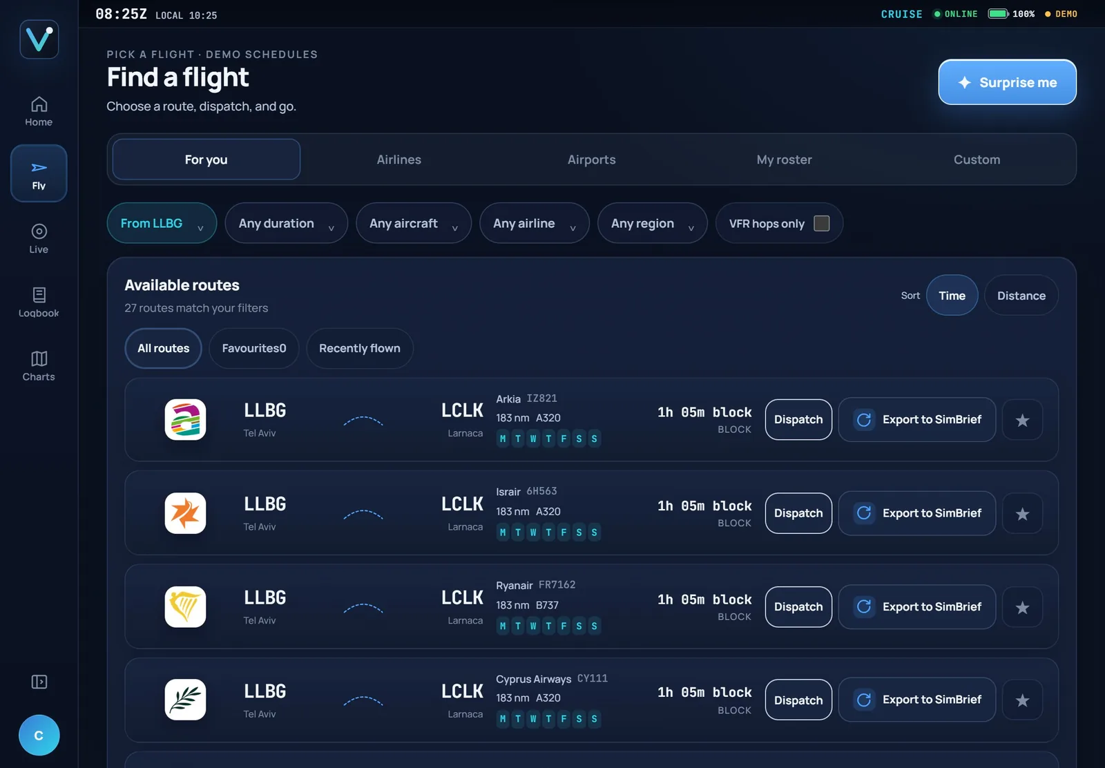 Vector route finder with airline tail logos and filters