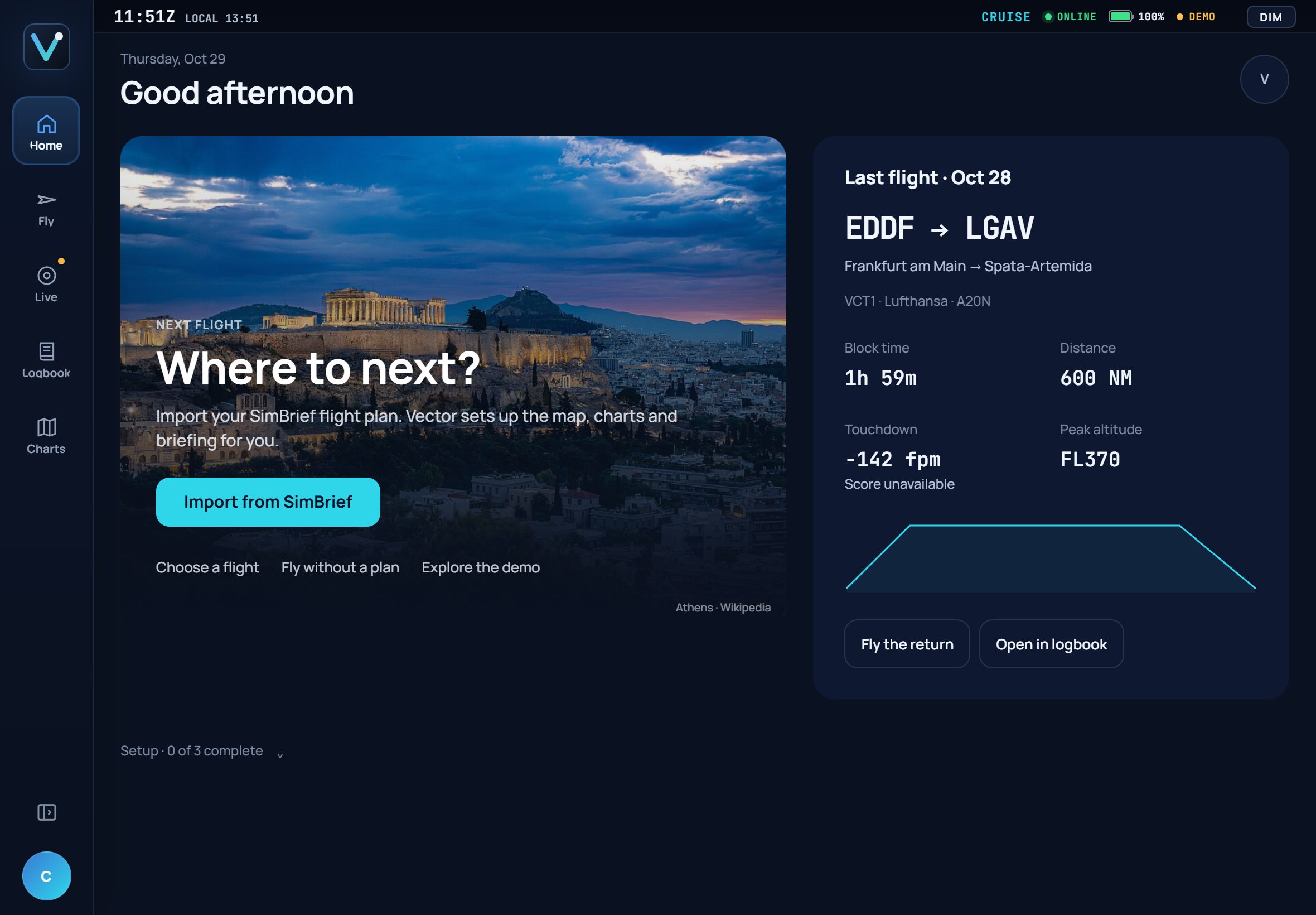 Vector Home with an Athens destination photo, SimBrief import and the last flight summary
