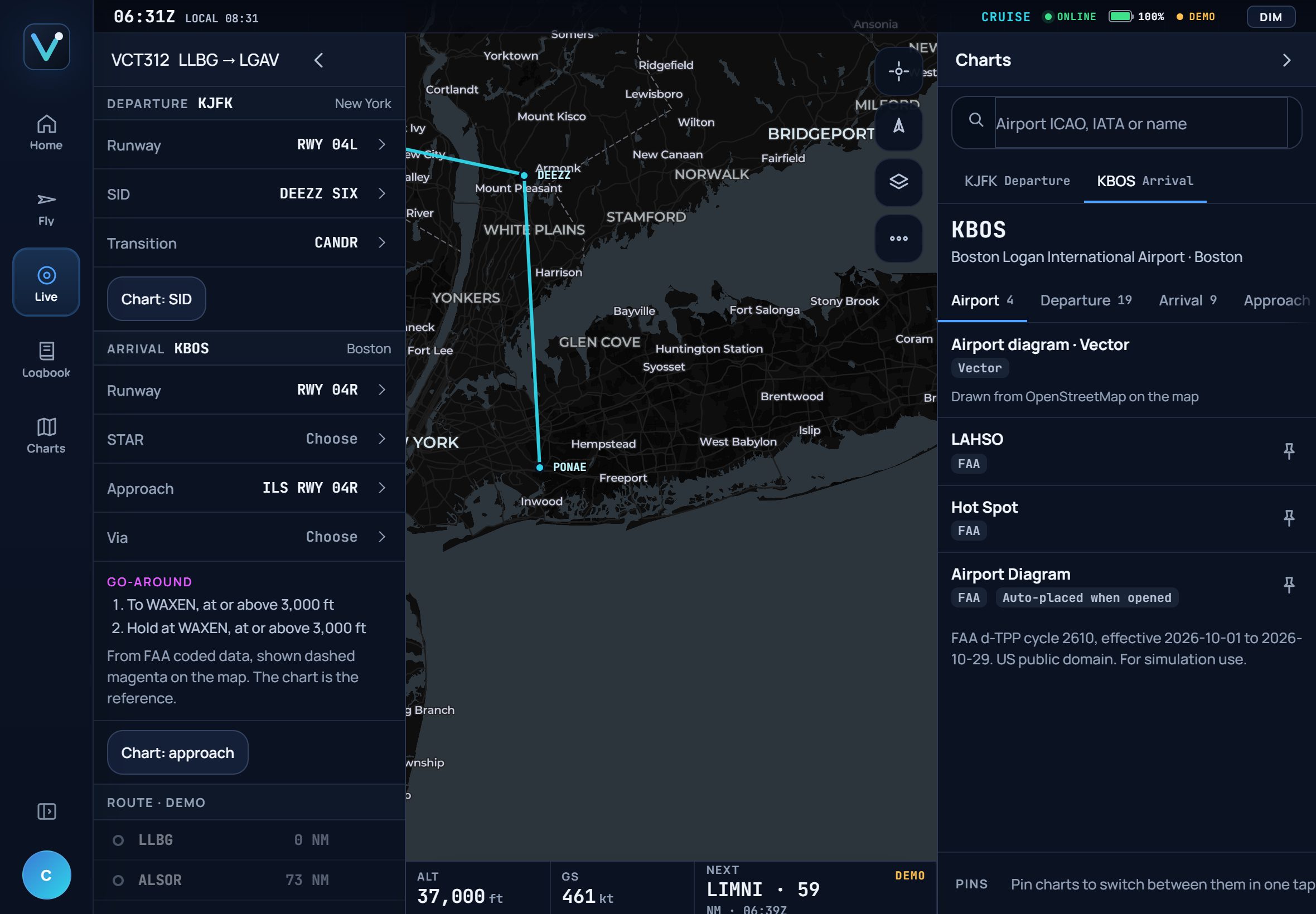 Vector live map and docked flight panels on iPad