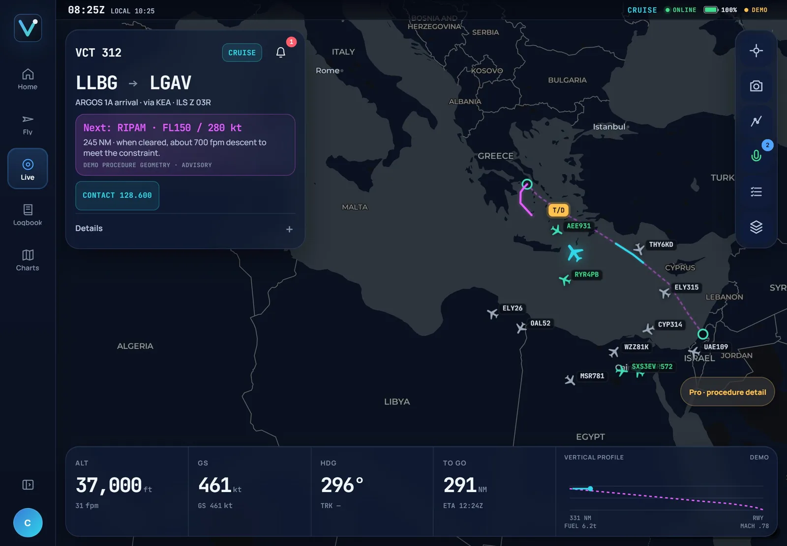 Vector Live: moving map with the planned route, procedure, traffic and instruments